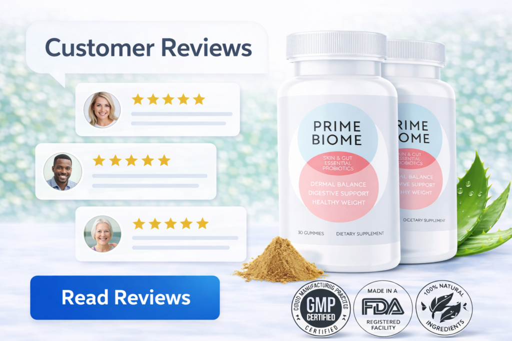 Prime Biome Gummies bottle displayed with customer review stars and trust badges