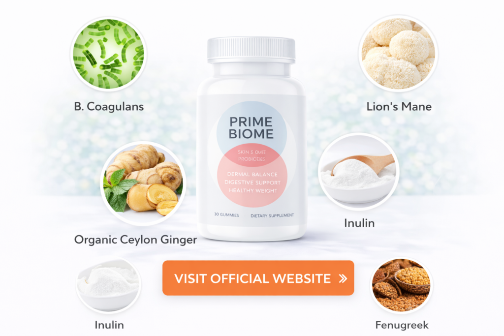 Prime Biome Gummies bottle shown with key ingredients including probiotics and plant-based components