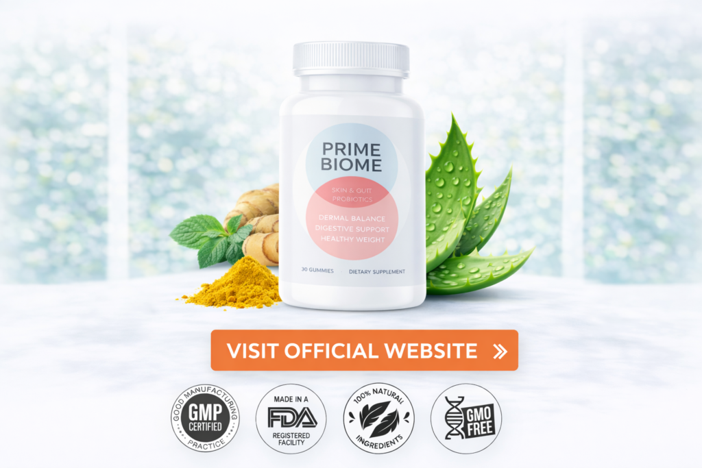 Prime Biome Gummies official website certifications showing GMP certified, FDA registered facility, 100% natural ingredients, and GMO free badges